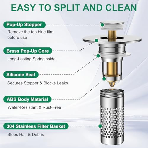 Bathroom Sink Drain Strainer, Universal Pop-Up Sink Stopper Hair Catcher