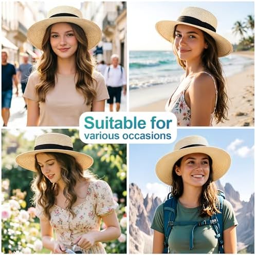 DRESHOW Women Straw Panama Hat Travel Fedora Beach Sun Hat Summer Wide Brim