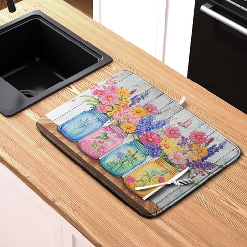 Daisy Dish Drying Mat for Kitchen Counter Spring Summer Flowers Vases Dishes