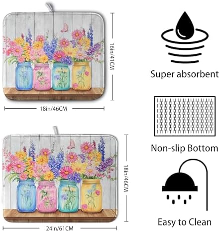 Daisy Dish Drying Mat for Kitchen Counter Spring Summer Flowers Vases Dishes