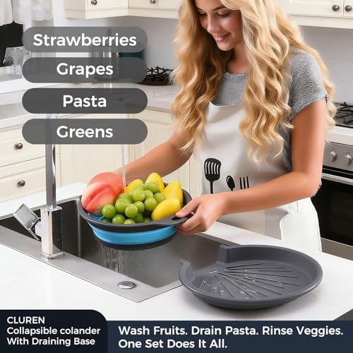 Collapsible Colander Set with Oversized Draining Tray | 3-Pack Foldable Kitchen