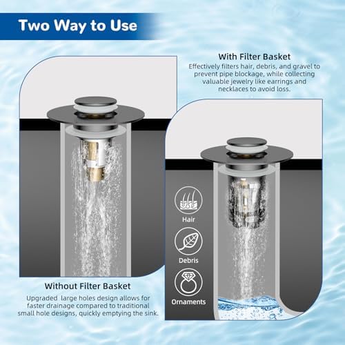 Hibbent Upgraded 3 in 1 Bathroom Sink Drain Strainer, Pop Up Stopper