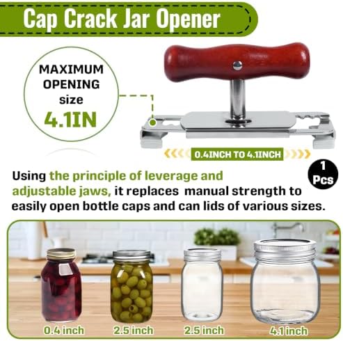 1-Pack Adjustable Jar Opener, Stainless Steel Lid Remover, Wood Handle