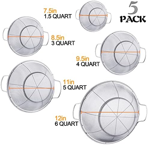 5 Pack 18/8 Stainless Steel Colander Sieves, Rinse or Steam