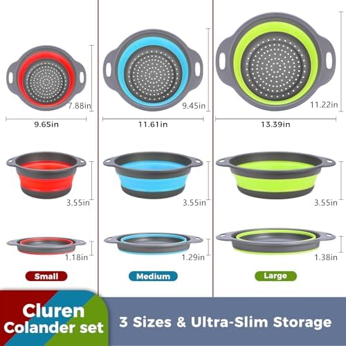 Collapsible Colander Set with Oversized Draining Tray | 3-Pack Foldable Kitchen