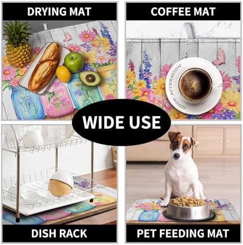 Daisy Dish Drying Mat for Kitchen Counter Spring Summer Flowers Vases Dishes