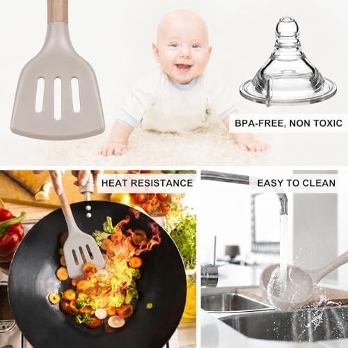 MIBOTE Silicone Cooking Kitchen Utensils Set, Wooden Handle