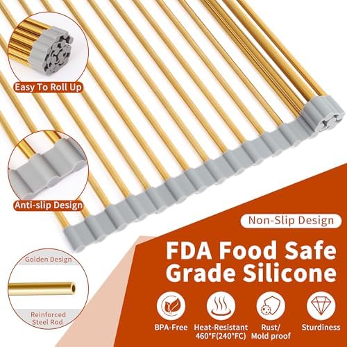 Golden Roll-UP Dish Drying Rack-Large Stainless Steel Dish Drainer Over The Sink