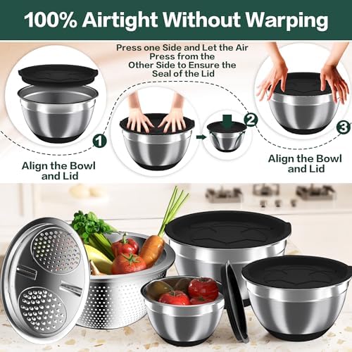 Mixing Bowls with Airtight Lids, Stainless Steel Mixing Bowl Set with 3 Nesting