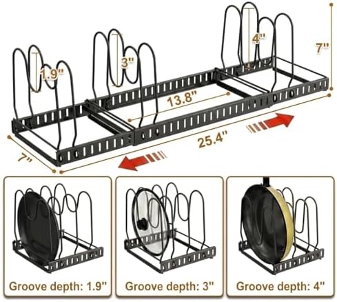 Pot and Pan Organizer Rack for Cabinet, 3 Expandable Pot Lid Organizer Holder