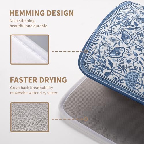 Blue Floral Dish Drying Mat for Kitchen Counter Boho Flowers Dishes Drainer
