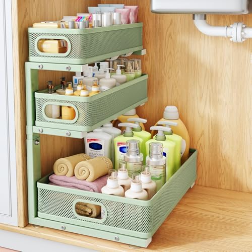 Under Sink Organizer, 3-Tier Thickened Metal Pull out Cabinet Organizer Shelf