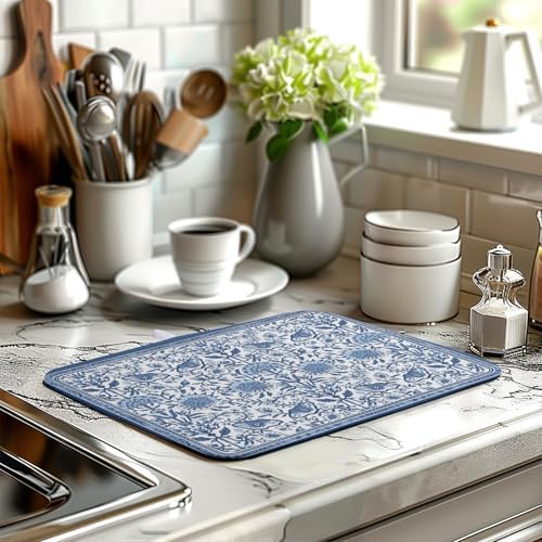 Blue Floral Dish Drying Mat for Kitchen Counter Boho Flowers Dishes Drainer
