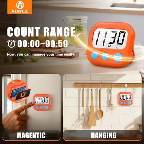 AOUCE Digital Kitchen Timers for Cooking, Timer for Kids 2 Pack Orange
