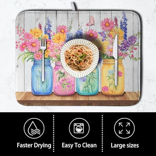 Daisy Dish Drying Mat for Kitchen Counter Spring Summer Flowers Vases Dishes