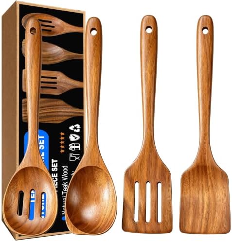Wooden Spoons for Cooking, 4 Piece Teak Cooking Utensils Set