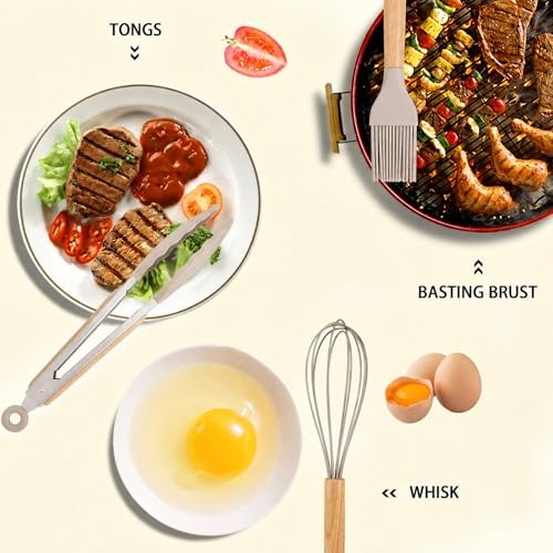 MIBOTE Silicone Cooking Kitchen Utensils Set, Wooden Handle