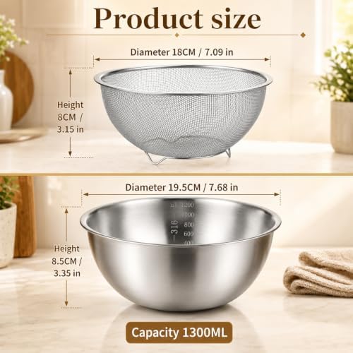 2 Pcs Stainless Steel Kitchen Colander Set Rice Washer Strainer Mixing Bowl