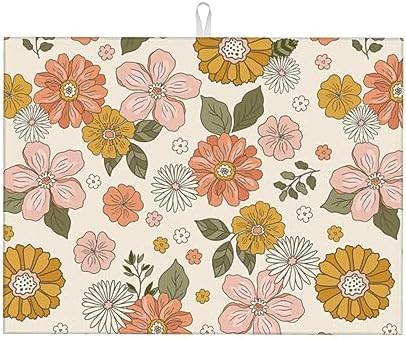 Pink Flowers Dish Drying Mat For Kitchen Counter, Super Absorbent Microfiber