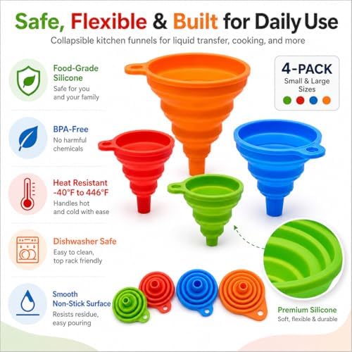 Collapsible Silicone Kitchen Funnels, 4 Pack Food Grade Foldable Funnel Set
