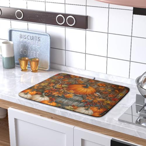 Fall Dish Drying Mat for Kitchen Counter 18x24 Autumn Pumpkin Maple Leaves
