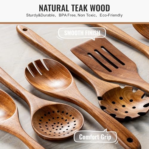 Terlulu 10 Pcs Wooden Spoons for Cooking, Natural Teak Wooden Kitchen Utensils