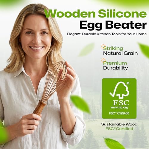 AIUHI Silicone Whisk with Wood Handle, 11.2" Balloon Egg Beater, Lightweight