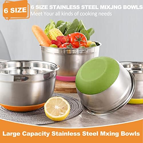 Umite Chef Mixing Bowls with Airtight Lids, 6 Piece Stainless Steel Metal Bowls