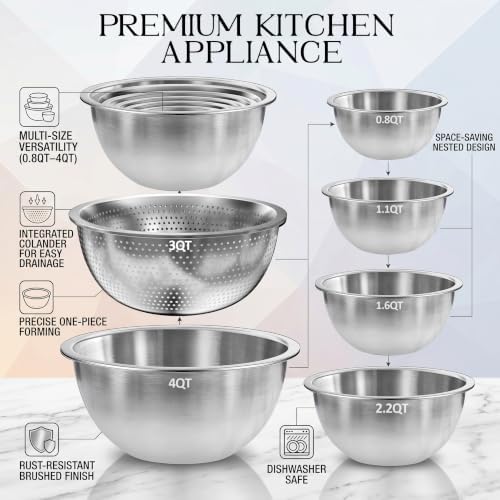 DUTZUN Kitchen Gadgets, Stainless Steel Mixing Bowls & Colander Strainer
