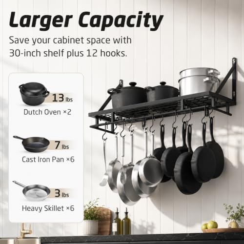 KES 30-Inch Kitchen Pan Pot Rack Wall Mounted, Hanging Storage Organizer