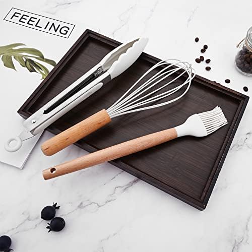1pc White Silicone Tong with Wooden Handle, Heat Resistant Cooking Utensils