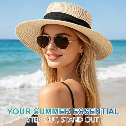 DRESHOW Women Straw Panama Hat Travel Fedora Beach Sun Hat Summer Wide Brim