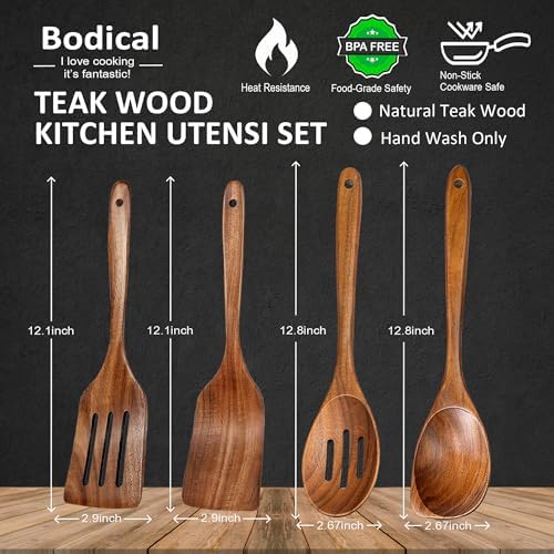 Wooden Spoons for Cooking, 4 Piece Teak Cooking Utensils Set