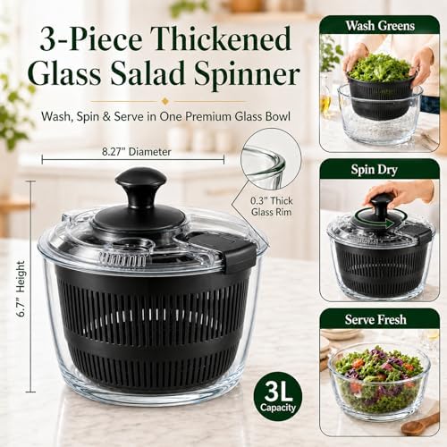 Glass Salad Spinner 3.2 Qt, Small Salad Spinner, Glass Bowl