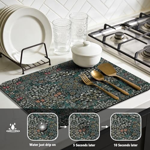 Dish Drying Mat for Kitchen Counter 12x20 Inch, Boho Quick Dry Coffee Mat
