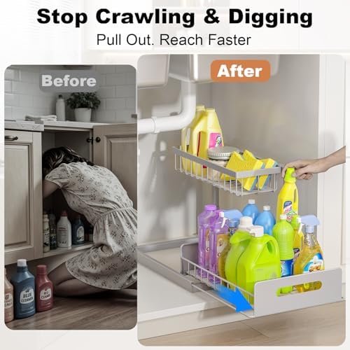 REALINN Under Sink Organizer, L-Shaped 2 Tier Pull Out Cabinet Organizer