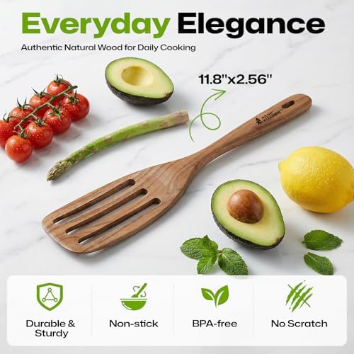 AIUHI Premium Wooden Slotted Spatula, Durable Teak Wood Cooking Spatula