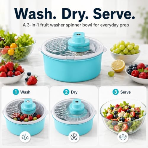 Electric Salad Spinner and Produce Washer, One-Touch Cordless Fruit Cleaner