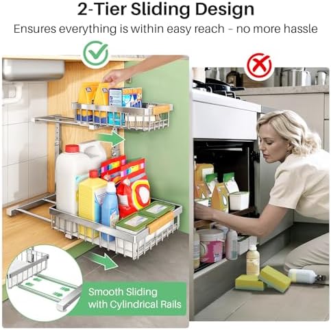 Kitstorack Under Sink Organizer, 2 Tier Under the Sink Storage, Slide out Pull