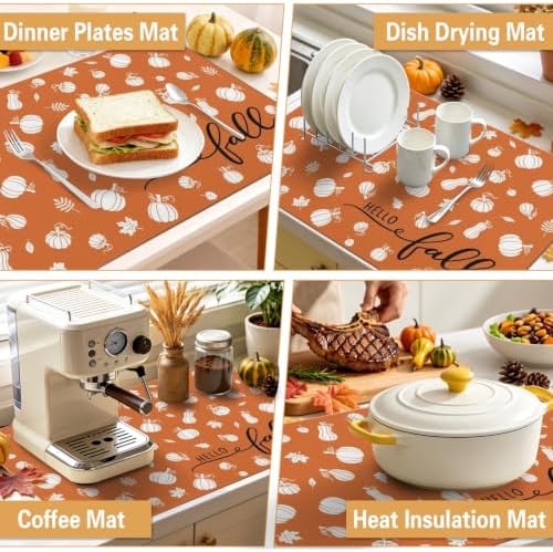 Fall Dish Drying Mat Autumn Decor Kitchen Countertop, Super Absorbent Coffee