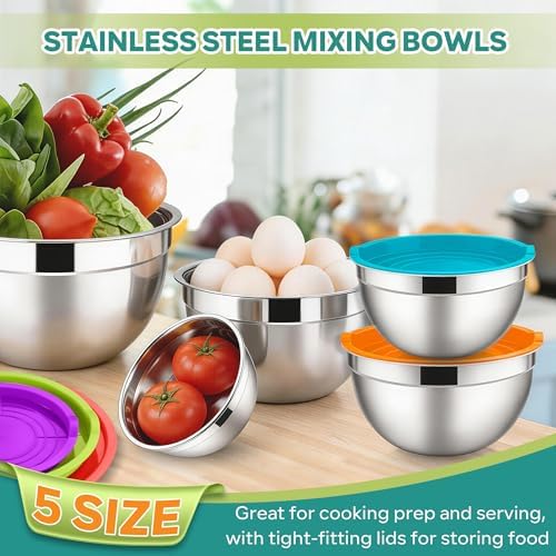 E-far Mixing Bowls with Lids Set, Stainless Steel Salad Bowls