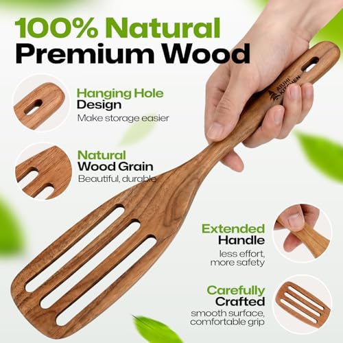 AIUHI Premium Wooden Slotted Spatula, Durable Teak Wood Cooking Spatula