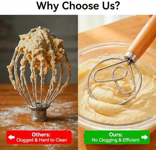 TEEVEA Danish Dough Whisk Wooden Handle Stainless Steel