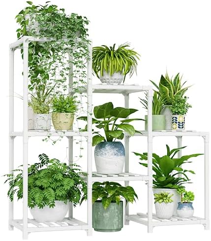 Bamworld Indoor Plant Stand Outdoor White Shelf Bamboo Plant Table