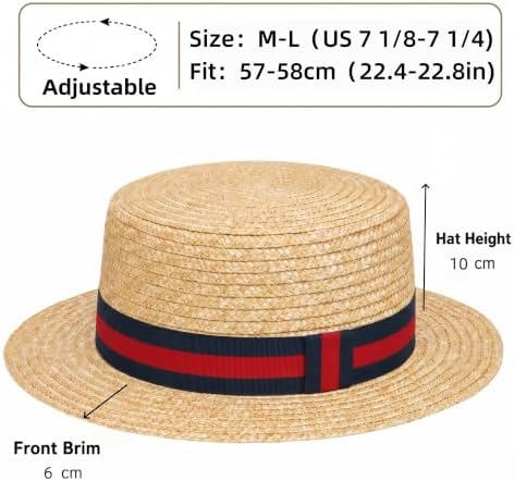 Classic Straw Boater Hat for Men and Women, Vintage Skimmer Flat Top Hat