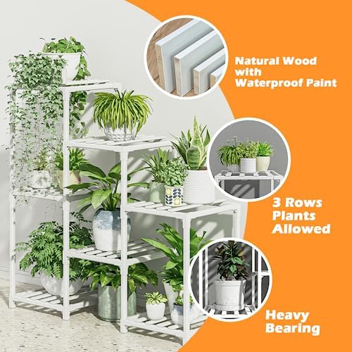 Bamworld Indoor Plant Stand Outdoor White Shelf Bamboo Plant Table