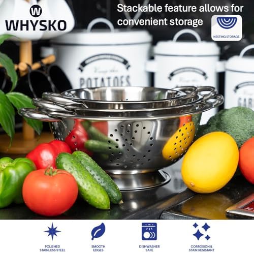 WHYSKO 3-Pack Stainless Steel Colander Set, 3 & 1 Qt