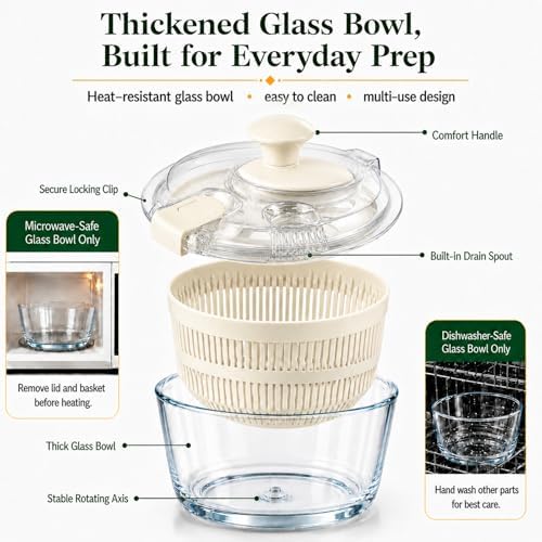 Glass Salad Spinner 3.2 Qt, Small Salad Spinner, Glass Bowl