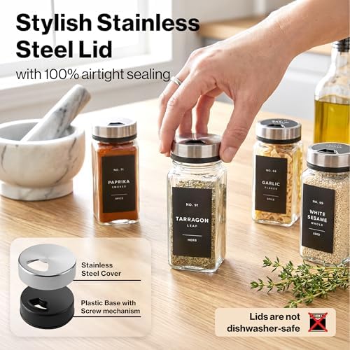 EDELHAUS Glass Spice Jars with Label and Silver Sprinkle Lids