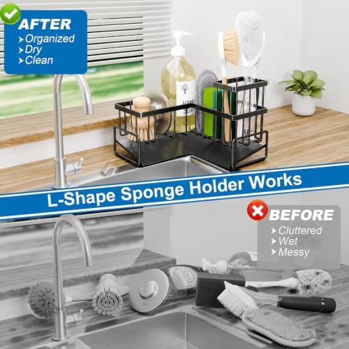 Sink Caddy with Drain, L-Shaped Sponge Holder